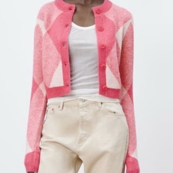 NWT Zara Argyle Crop Cardigan, Pink Jacquard Knit | Sz M - Picture 6 of 6